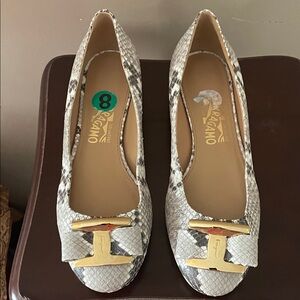 Salvatore Ferragamo Women's Snakeskin Flats - Black, White, and Gold